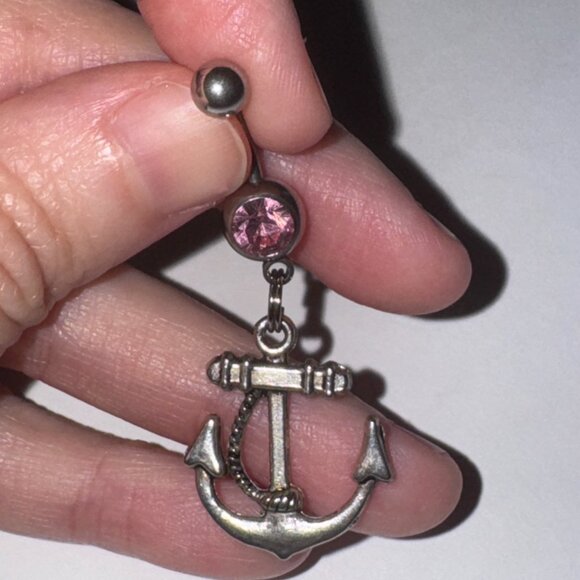 Large Anchor with Rope and Pink Gem Dangle Belly Ring - Picture 13 of 16